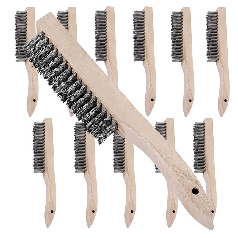 ZOENHOU 12 Pieces 10 Inches Wire Brush Wooden Handle, Multi-Purpose Wire Scratch Brush, Wire Brushes for Cleaning Welding Slags and Rust, 20 Steel Wires Each Hole - Image 1